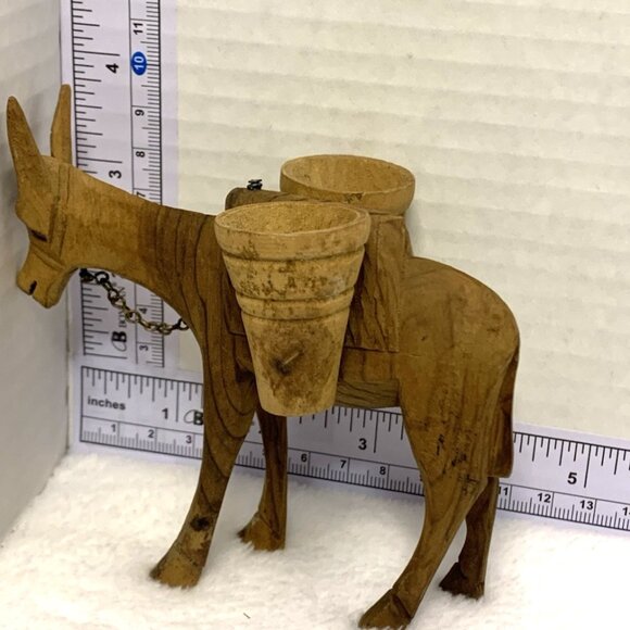 Hand Carved Wooden Mule Donkey Water Barrels Chain Rein Miniature Brown - Picture 5 of 9